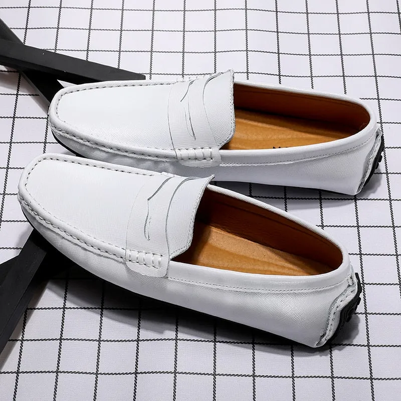 Hnzxzm Waterproof Canvas Loafers Men's Slip-On Flat Silver White Casual Shoes Leather Moccasin Soft Bottom Driving Wedding Shoes 38-49