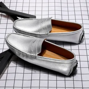 Hnzxzm Waterproof Canvas Loafers Men's Slip-On Flat Silver White Casual Shoes Leather Moccasin Soft Bottom Driving Wedding Shoes 38-49