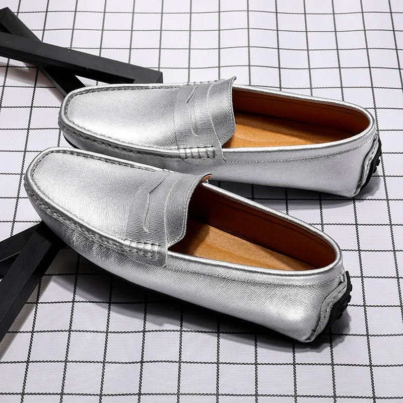 Hnzxzm Waterproof Canvas Loafers Men's Slip-On Flat Silver White Casual Shoes Leather Moccasin Soft Bottom Driving Wedding Shoes 38-49