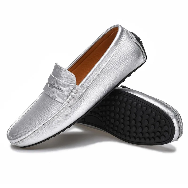 Hnzxzm Waterproof Canvas Loafers Men's Slip-On Flat Silver White Casual Shoes Leather Moccasin Soft Bottom Driving Wedding Shoes 38-49