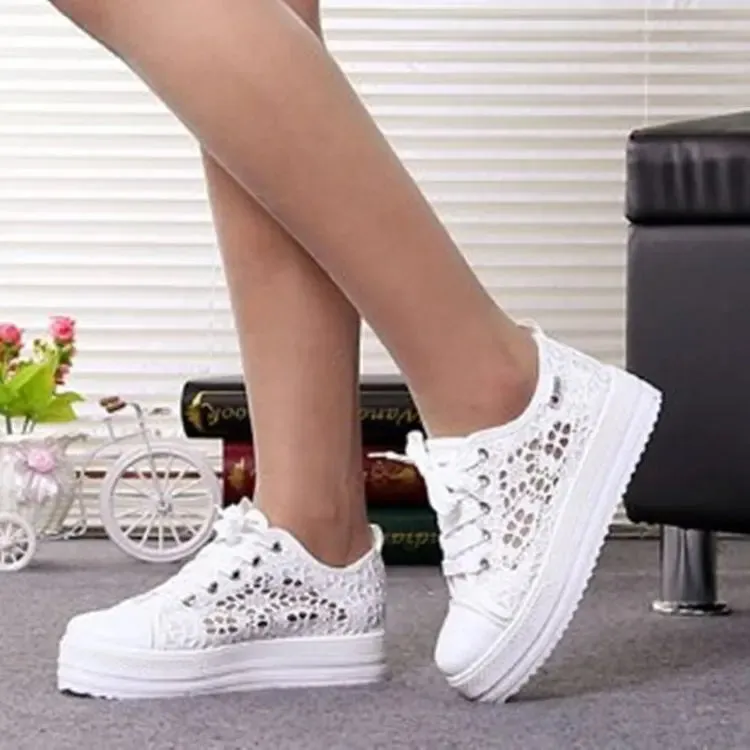 Hnzxzm Women Shoes Fashion Summer Casual White Shoes Cutouts Lace Canvas Hollow Breathable Platform Flat Shoes Woman Sneakers