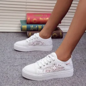Hnzxzm Women Shoes Fashion Summer Casual White Shoes Cutouts Lace Canvas Hollow Breathable Platform Flat Shoes Woman Sneakers