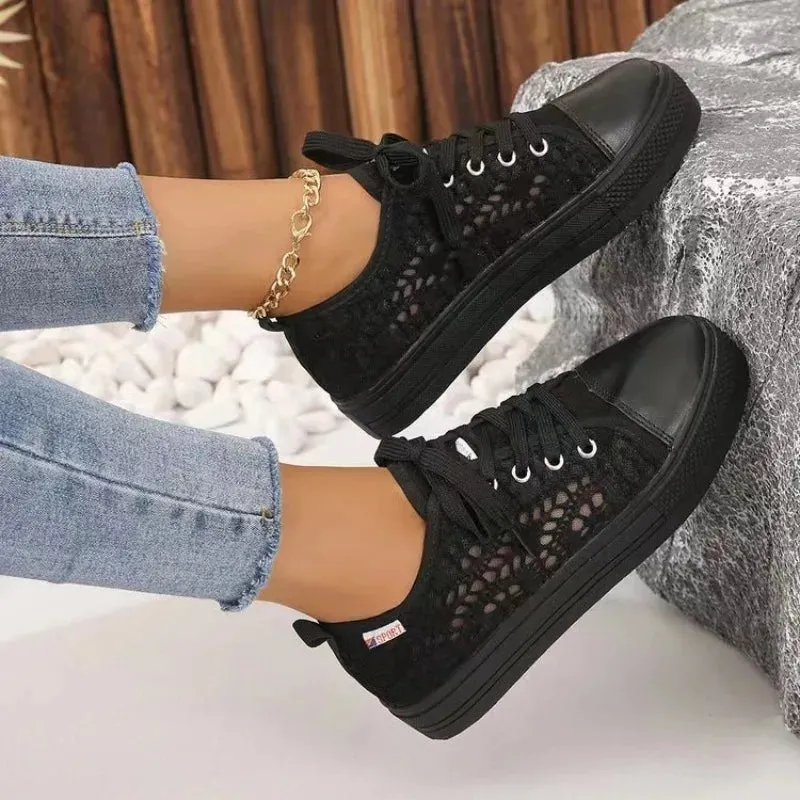 Hnzxzm Women Shoes Fashion Summer Casual White Shoes Cutouts Lace Canvas Hollow Breathable Platform Flat Shoes Woman Sneakers