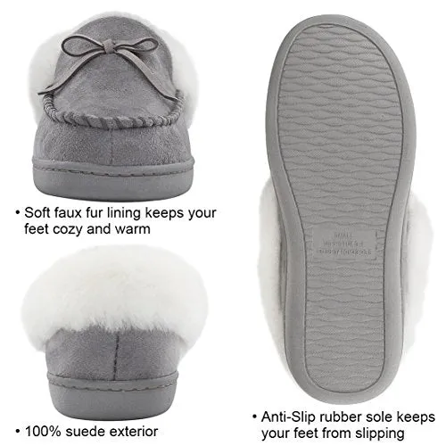 HomeIdeas Women's Faux Fur Lined Suede House Slippers, Winter Indoor Outdoor Moccasins