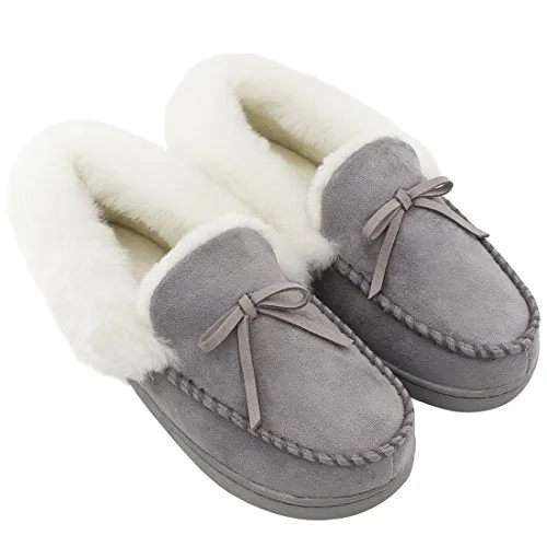 HomeIdeas Women's Faux Fur Lined Suede House Slippers, Winter Indoor Outdoor Moccasins