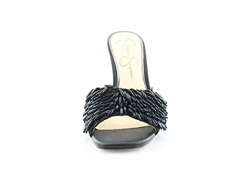 Jessica Simpson Olya Black Slip On Stiletto Heel Open Toe Beaded Heeled Sandals (Black, 8.5)