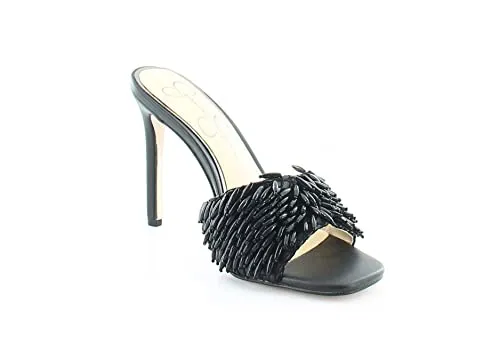 Jessica Simpson Olya Black Slip On Stiletto Heel Open Toe Beaded Heeled Sandals (Black, 8.5)