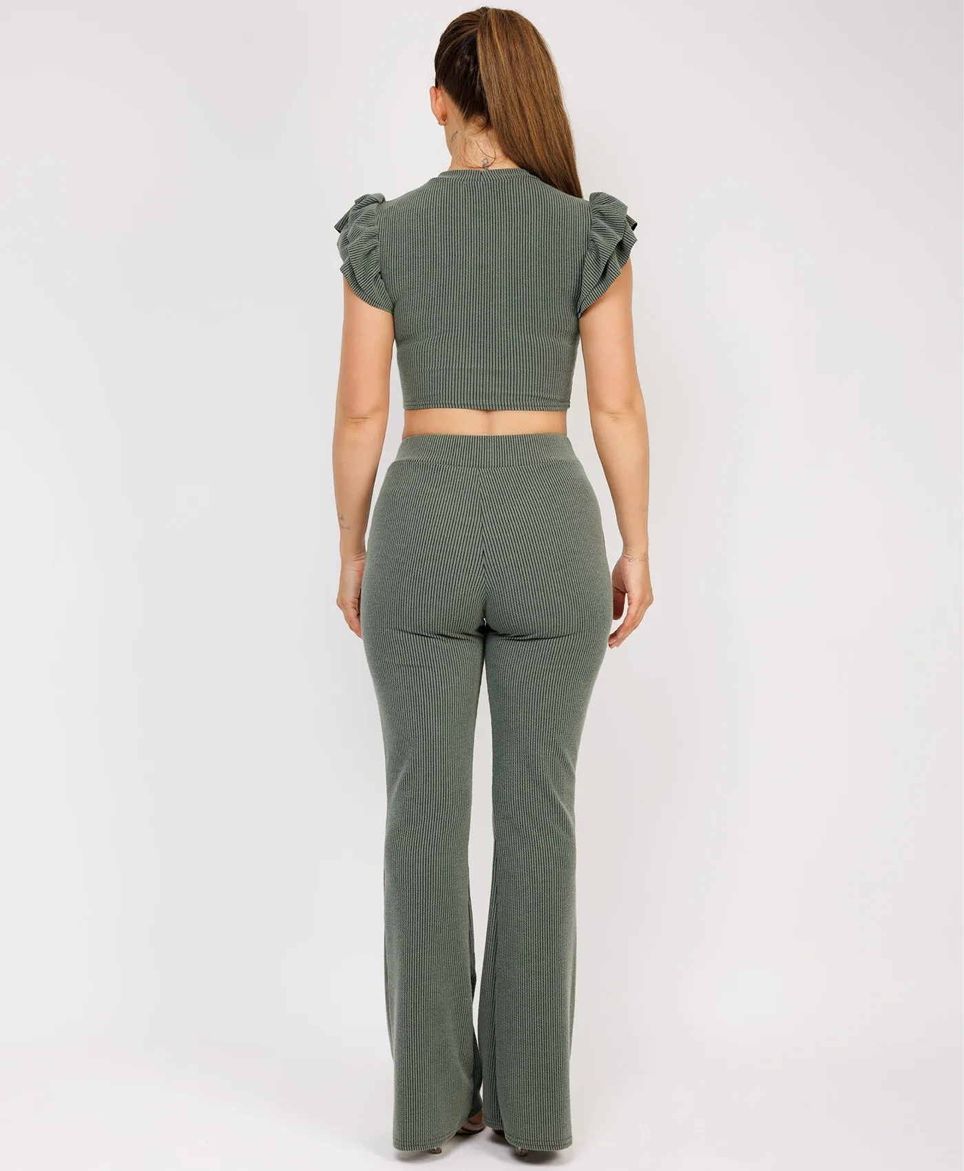 Khaki Ribbed Frill Shoulder Short Sleeve Top & Skinny Flared Trouser Set