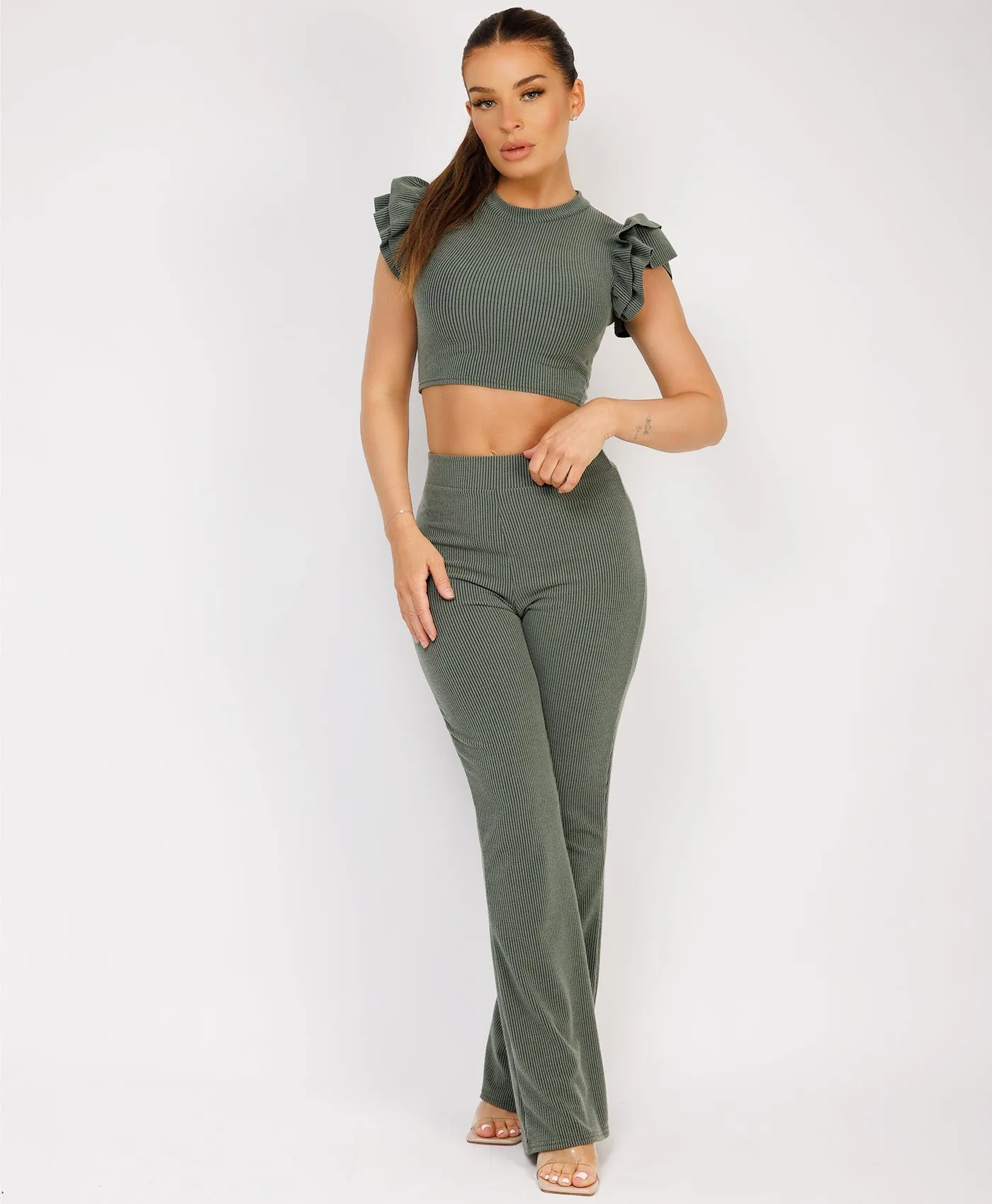 Khaki Ribbed Frill Shoulder Short Sleeve Top & Skinny Flared Trouser Set