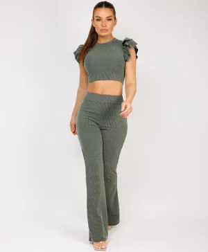 Khaki Ribbed Frill Shoulder Short Sleeve Top & Skinny Flared Trouser Set