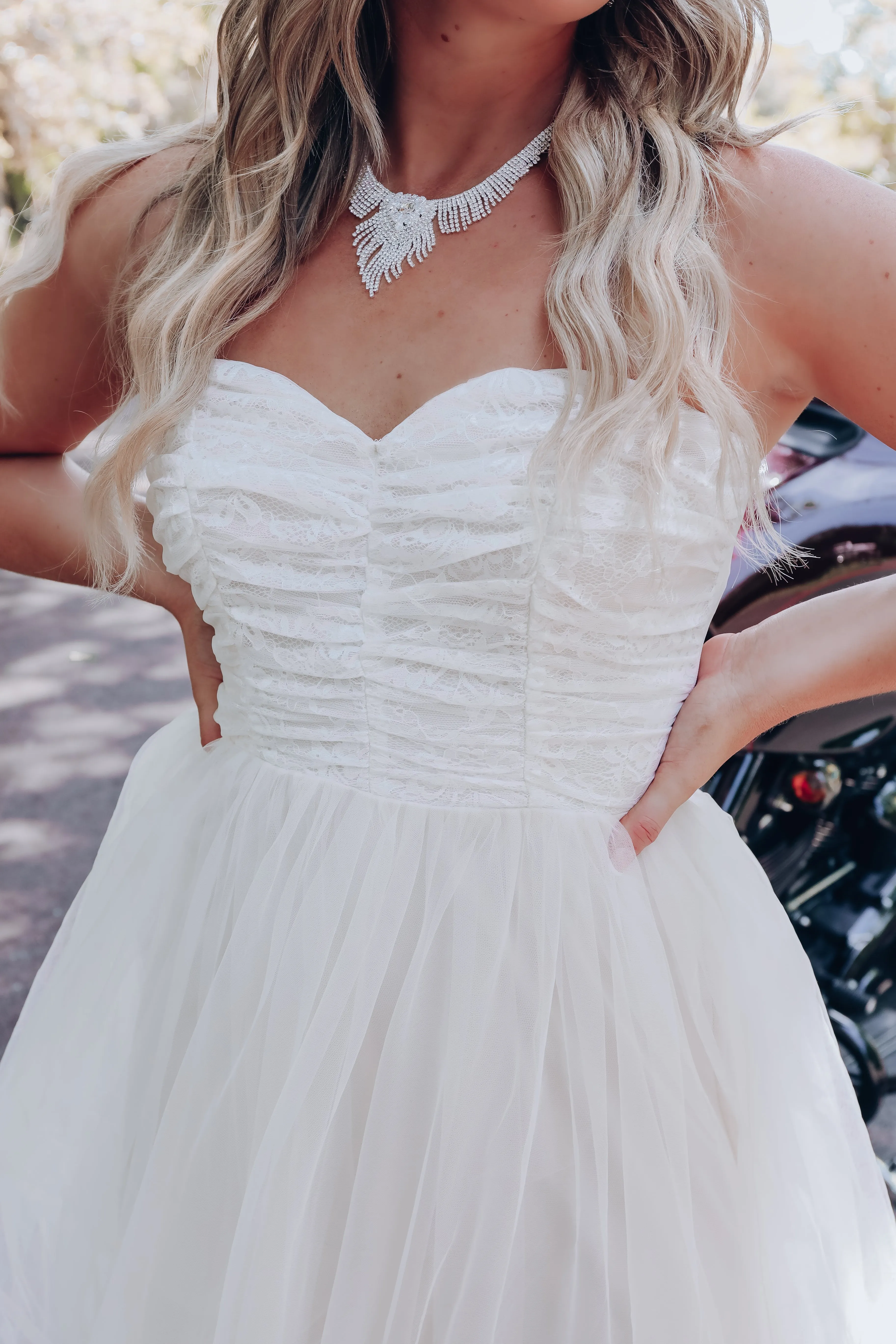 La Blanc Shirred Tulle Midi Dress - Cream