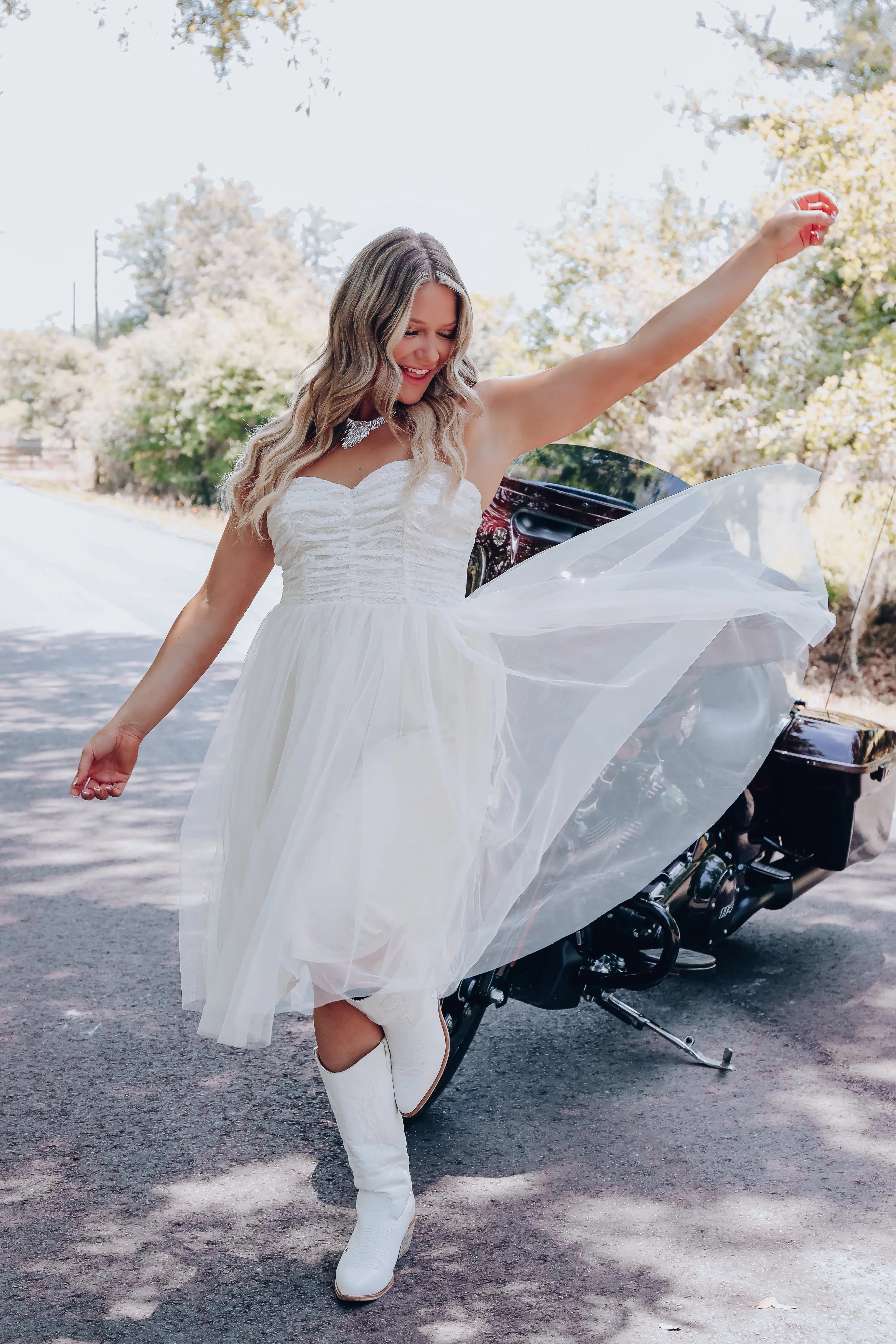 La Blanc Shirred Tulle Midi Dress - Cream