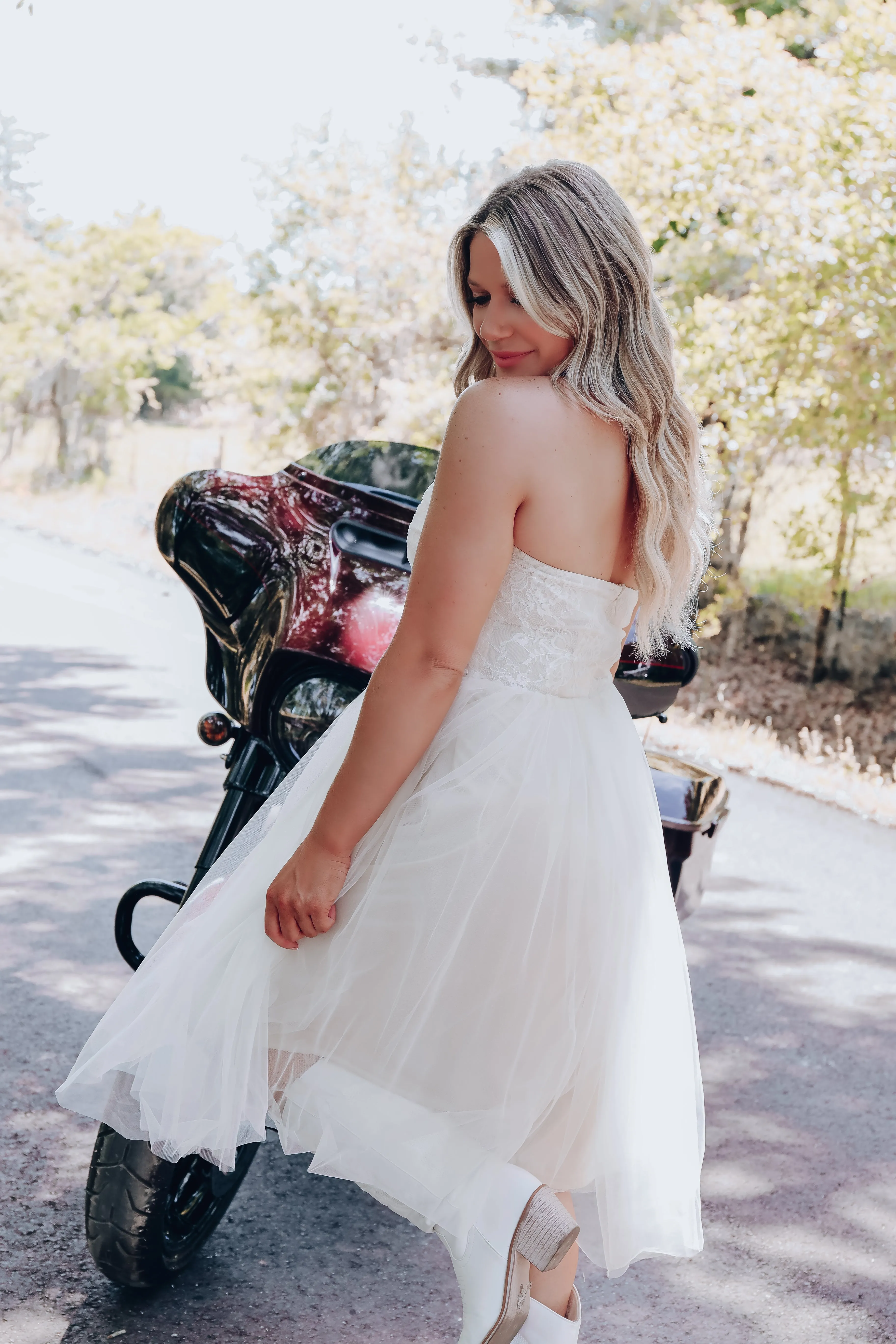 La Blanc Shirred Tulle Midi Dress - Cream