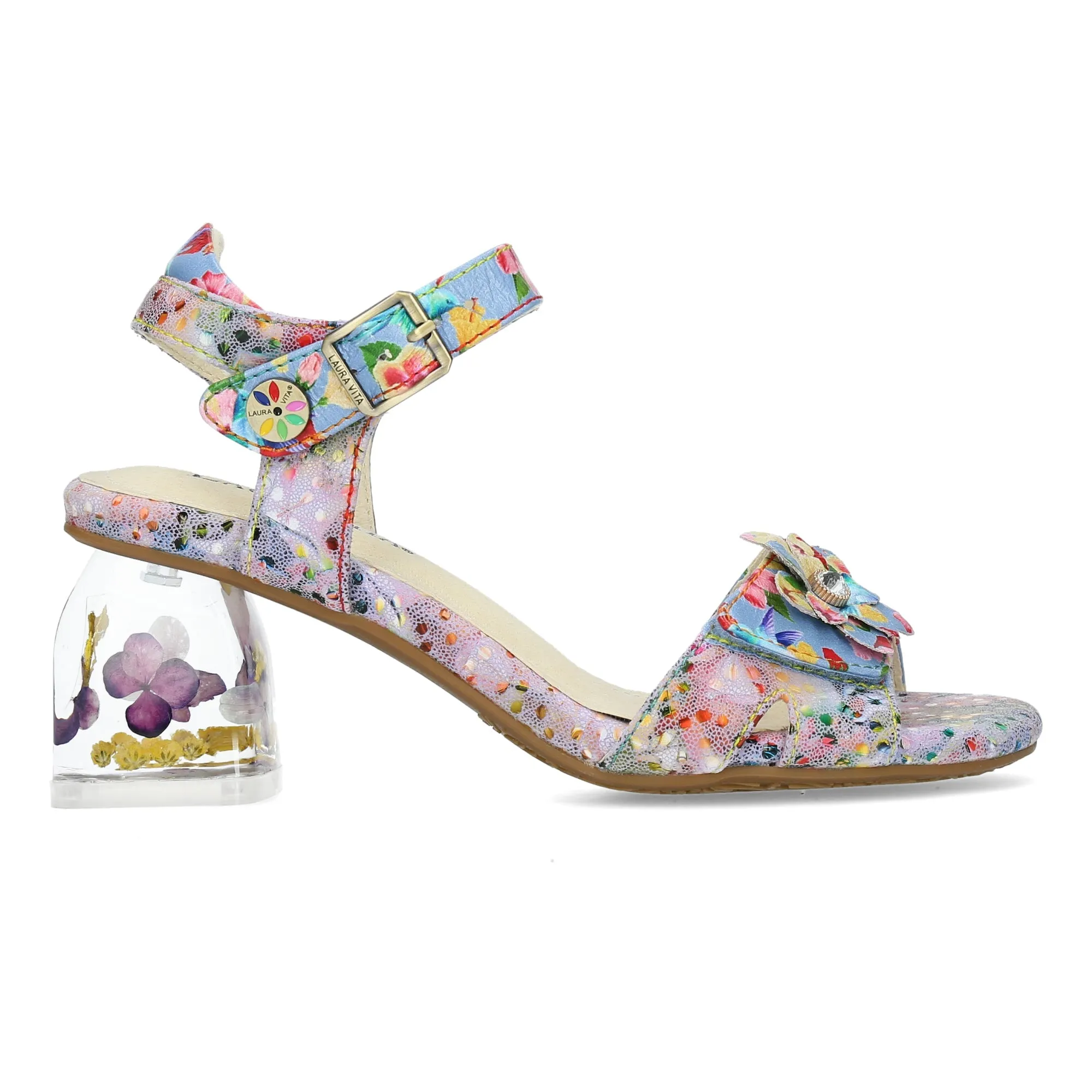 Laura Vita Framboiseo 16 Ladies Blue Leather & Textile Touch Fastening Heels
