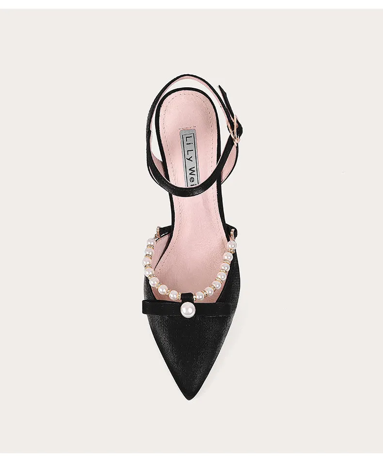 Lily style white high-heeled pearl sandals ladies low heels- Estela
