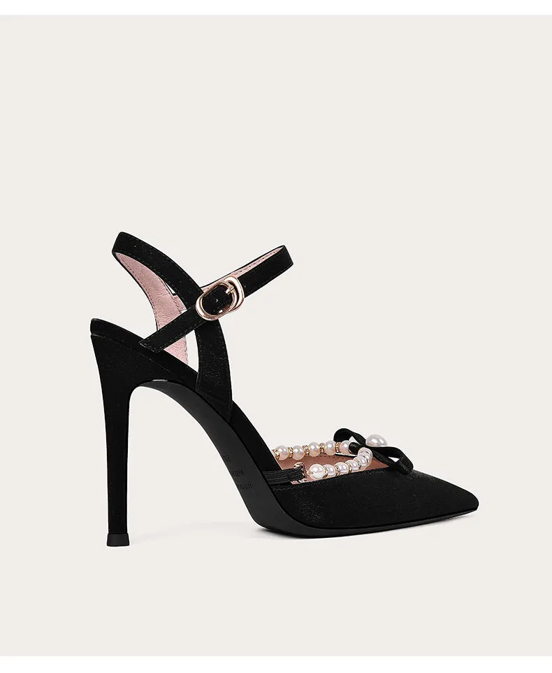 Lily style white high-heeled pearl sandals ladies low heels- Estela