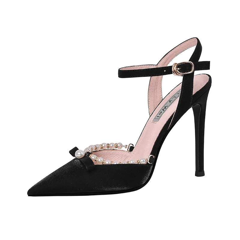 Lily style white high-heeled pearl sandals ladies low heels- Estela