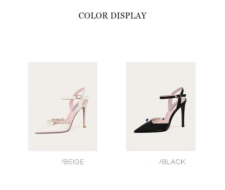 Lily style white high-heeled pearl sandals ladies low heels- Estela