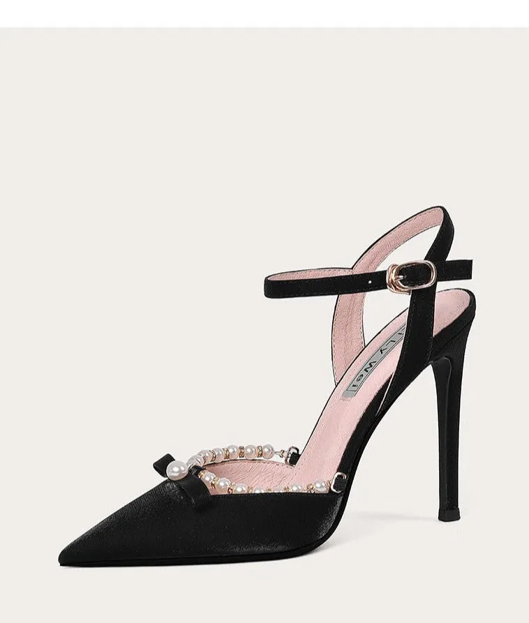 Lily style white high-heeled pearl sandals ladies low heels- Estela
