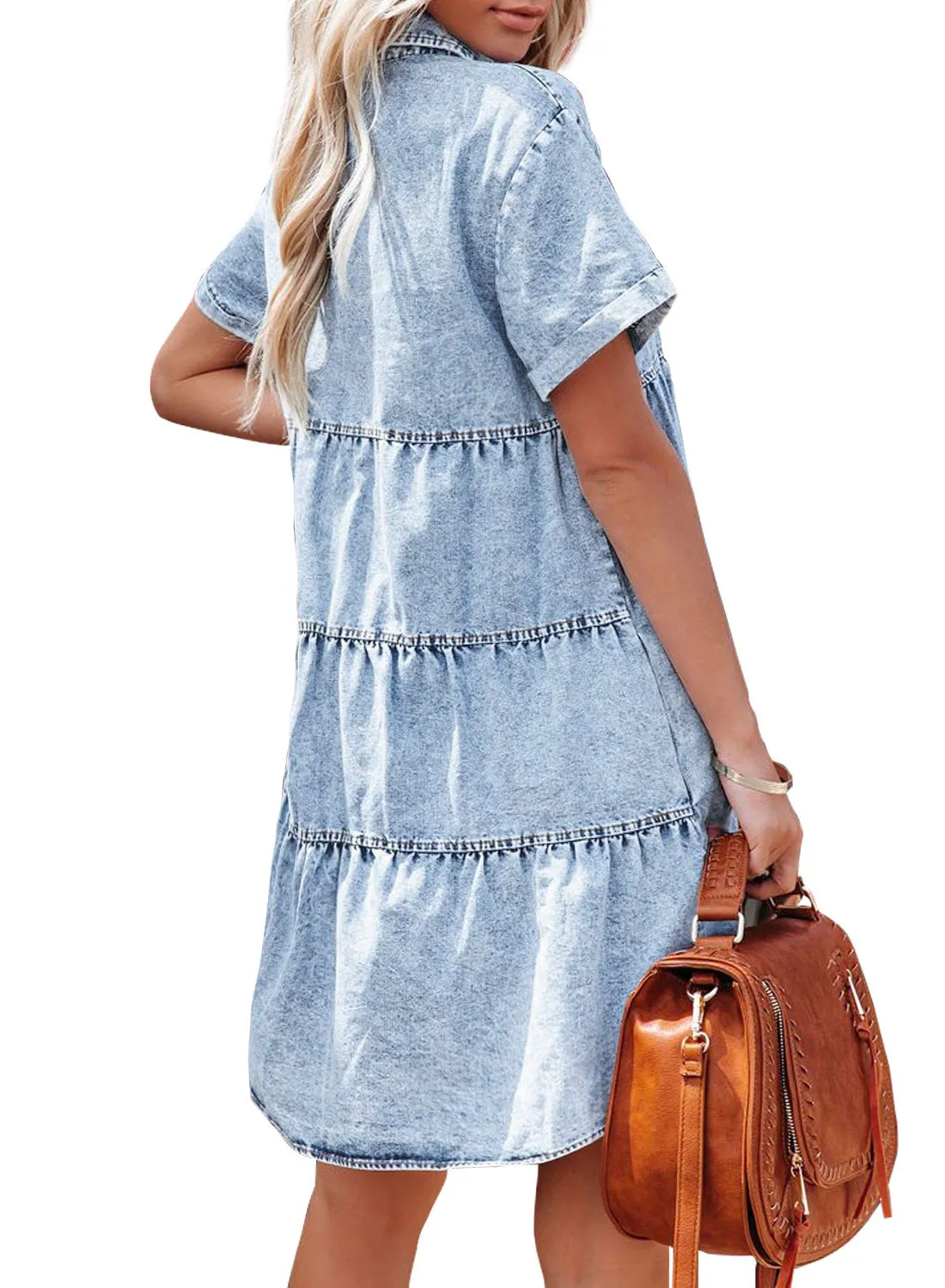 luvamia Women's Casual Short Sleeve Button Down Tiered Denim Babydoll Jean Dress