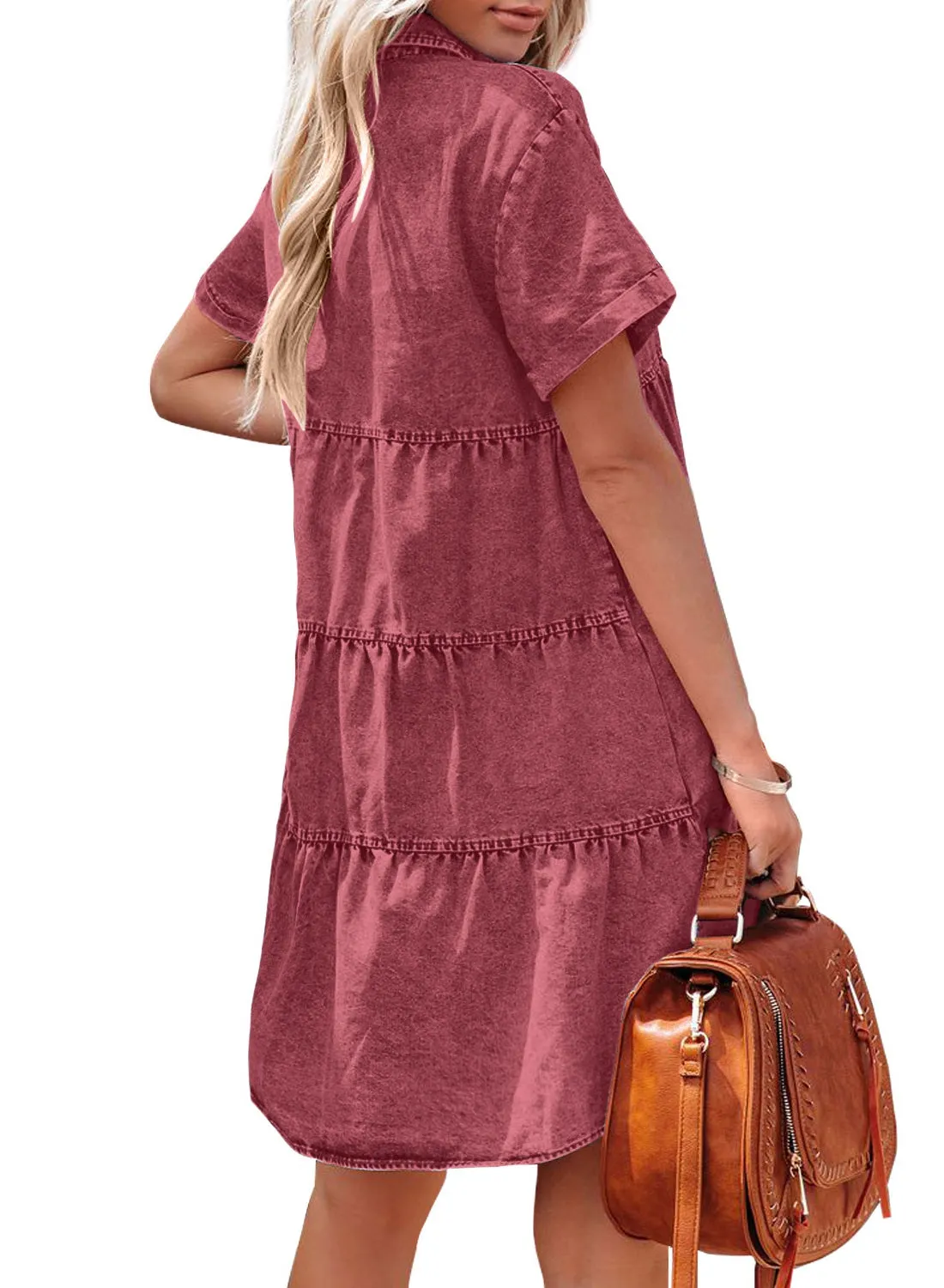 luvamia Women's Casual Short Sleeve Button Down Tiered Denim Babydoll Jean Dress