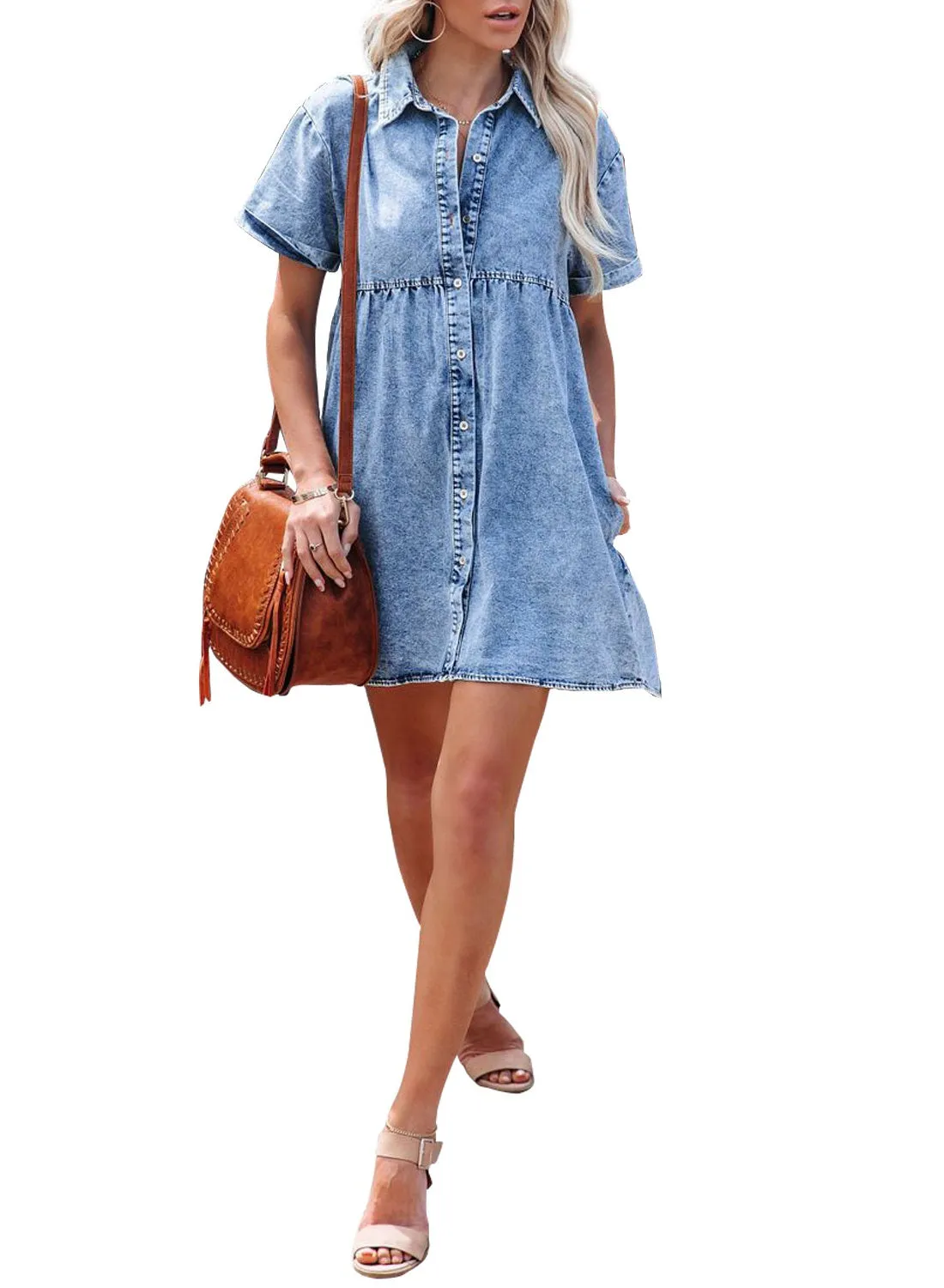 luvamia Women's Casual Short Sleeve Button Down Tiered Denim Babydoll Jean Dress
