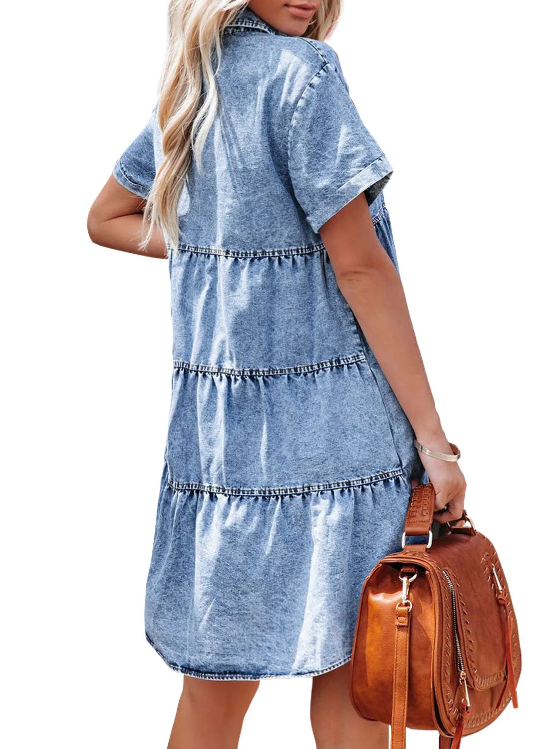 luvamia Women's Casual Short Sleeve Button Down Tiered Denim Babydoll Jean Dress