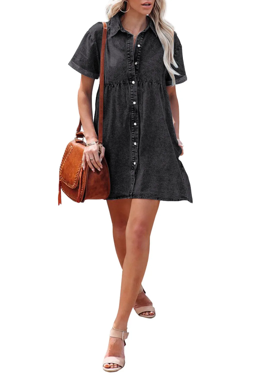 luvamia Women's Casual Short Sleeve Button Down Tiered Denim Babydoll Jean Dress