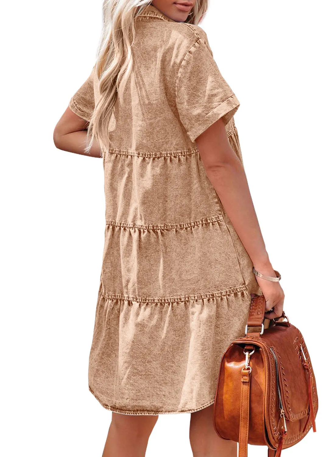 luvamia Women's Casual Short Sleeve Button Down Tiered Denim Babydoll Jean Dress