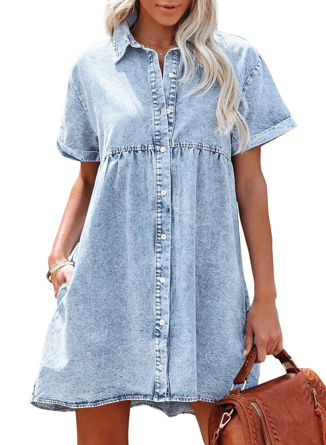 luvamia Women's Casual Short Sleeve Button Down Tiered Denim Babydoll Jean Dress