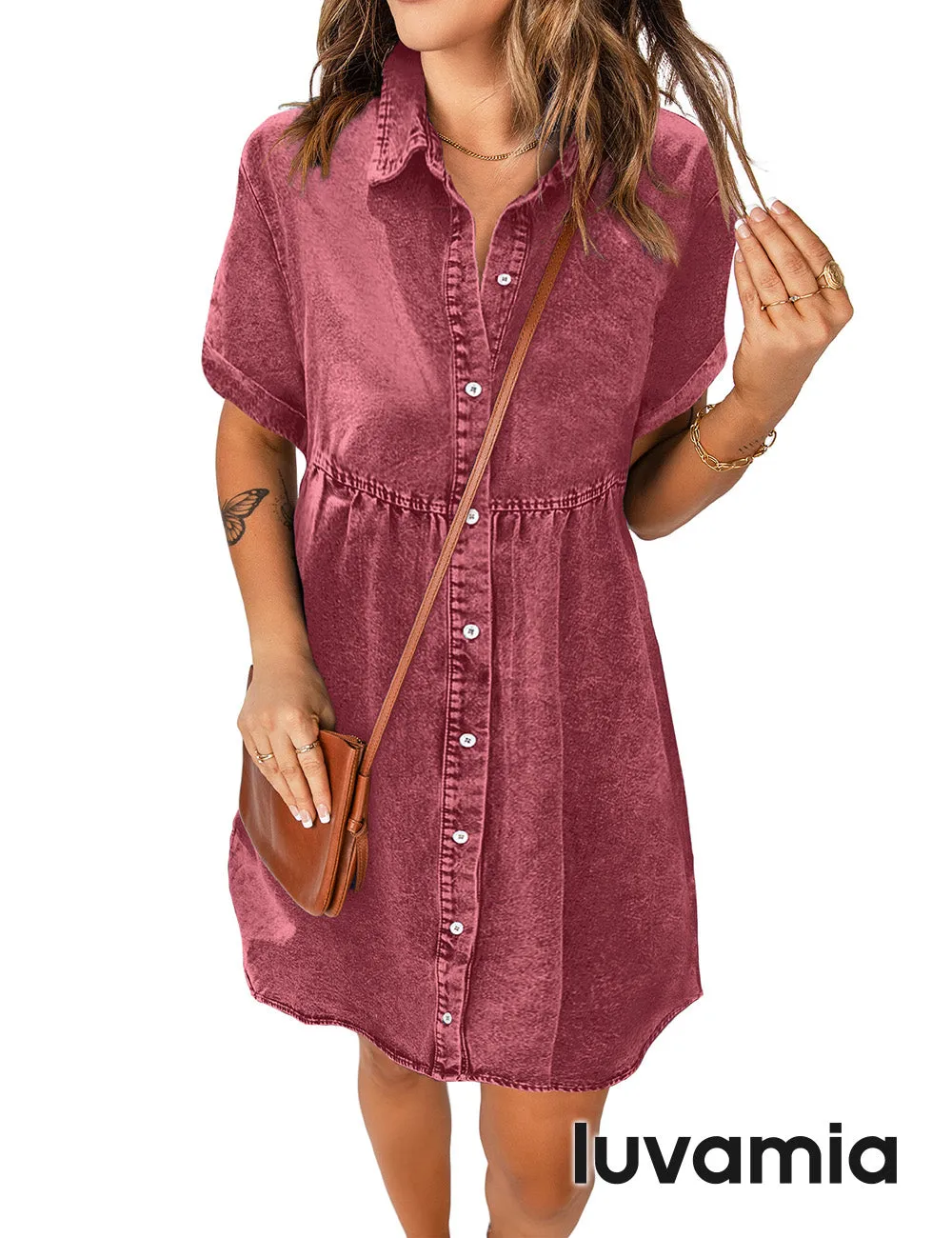 luvamia Women's Casual Short Sleeve Button Down Tiered Denim Babydoll Jean Dress