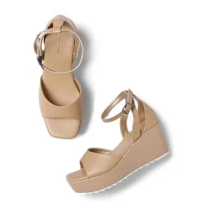Marc Loire Women's Fashion Square Toe Buckle Straps Wedge Heels (Cream, 7)