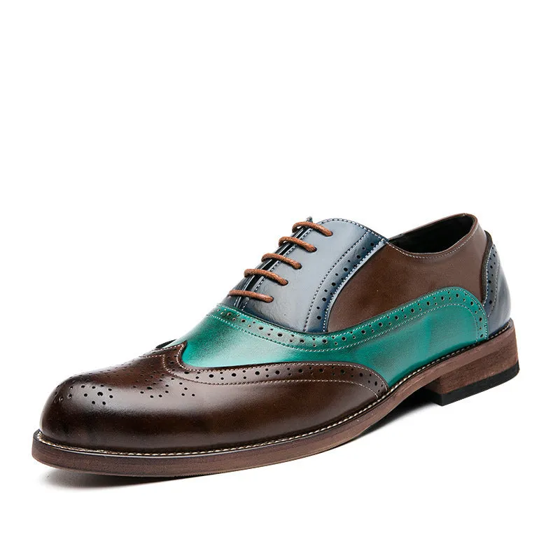 Men's color patchwork wing tip carved oxford shoes