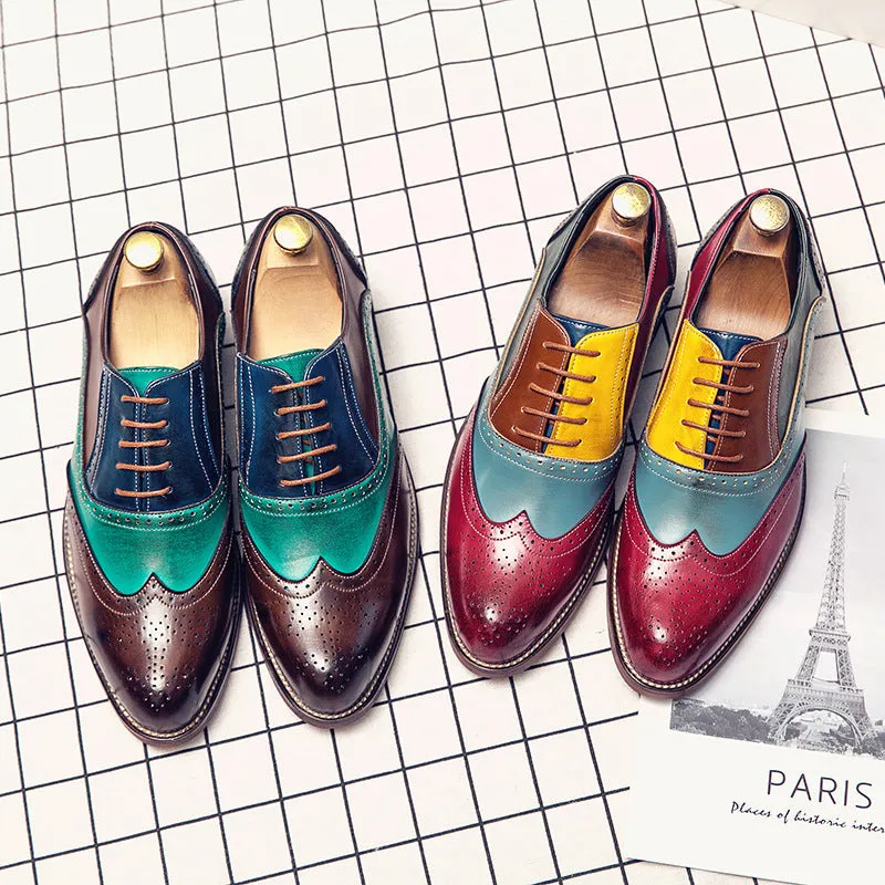 Men's color patchwork wing tip carved oxford shoes