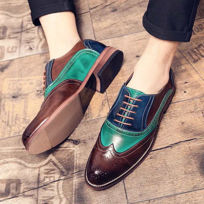 Men's color patchwork wing tip carved oxford shoes