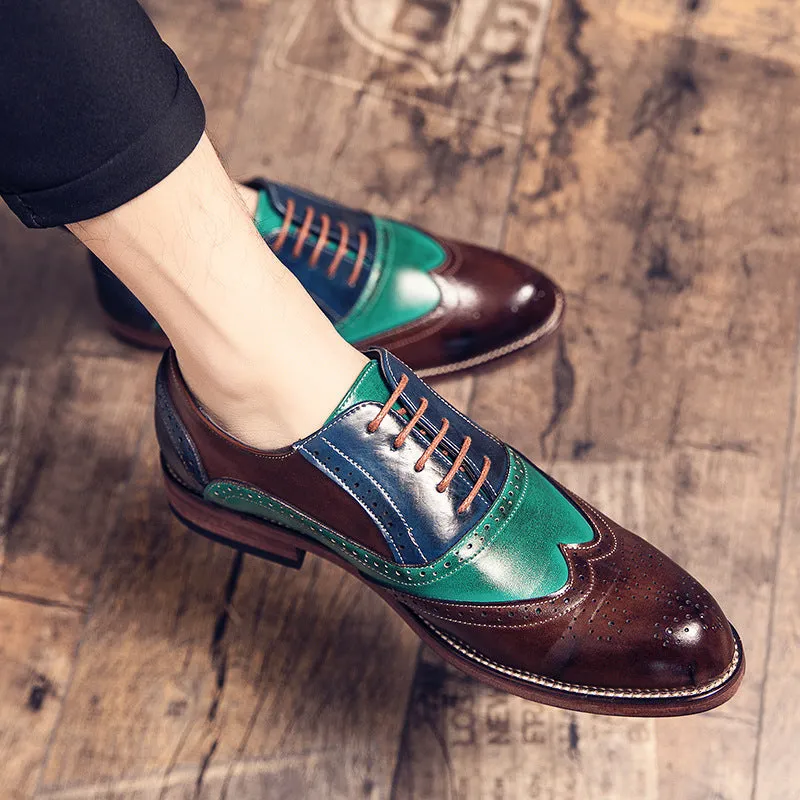 Men's color patchwork wing tip carved oxford shoes