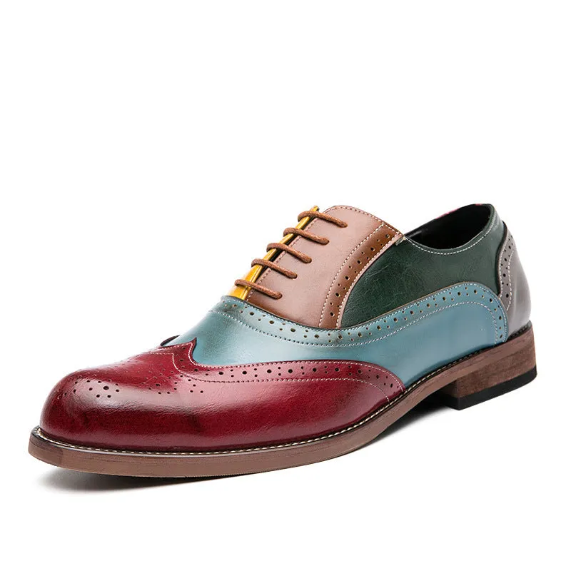 Men's color patchwork wing tip carved oxford shoes