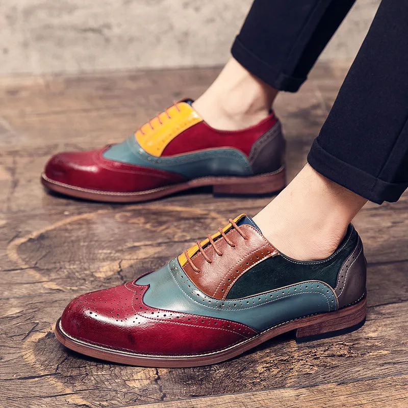 Men's color patchwork wing tip carved oxford shoes