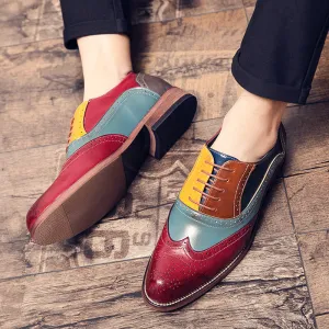 Men's color patchwork wing tip carved oxford shoes