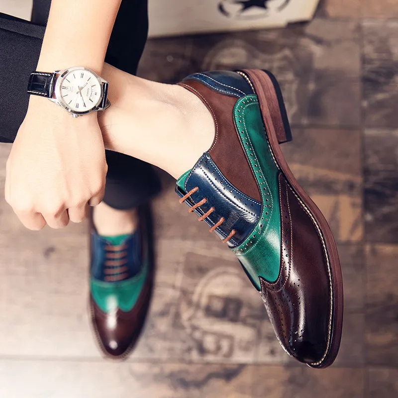 Men's color patchwork wing tip carved oxford shoes