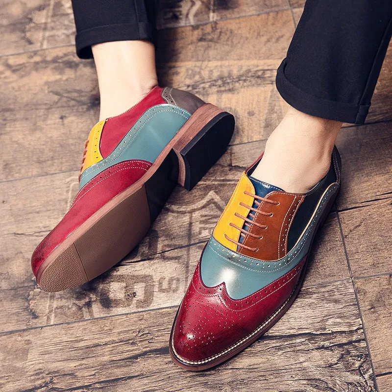 Men's color patchwork wing tip carved oxford shoes