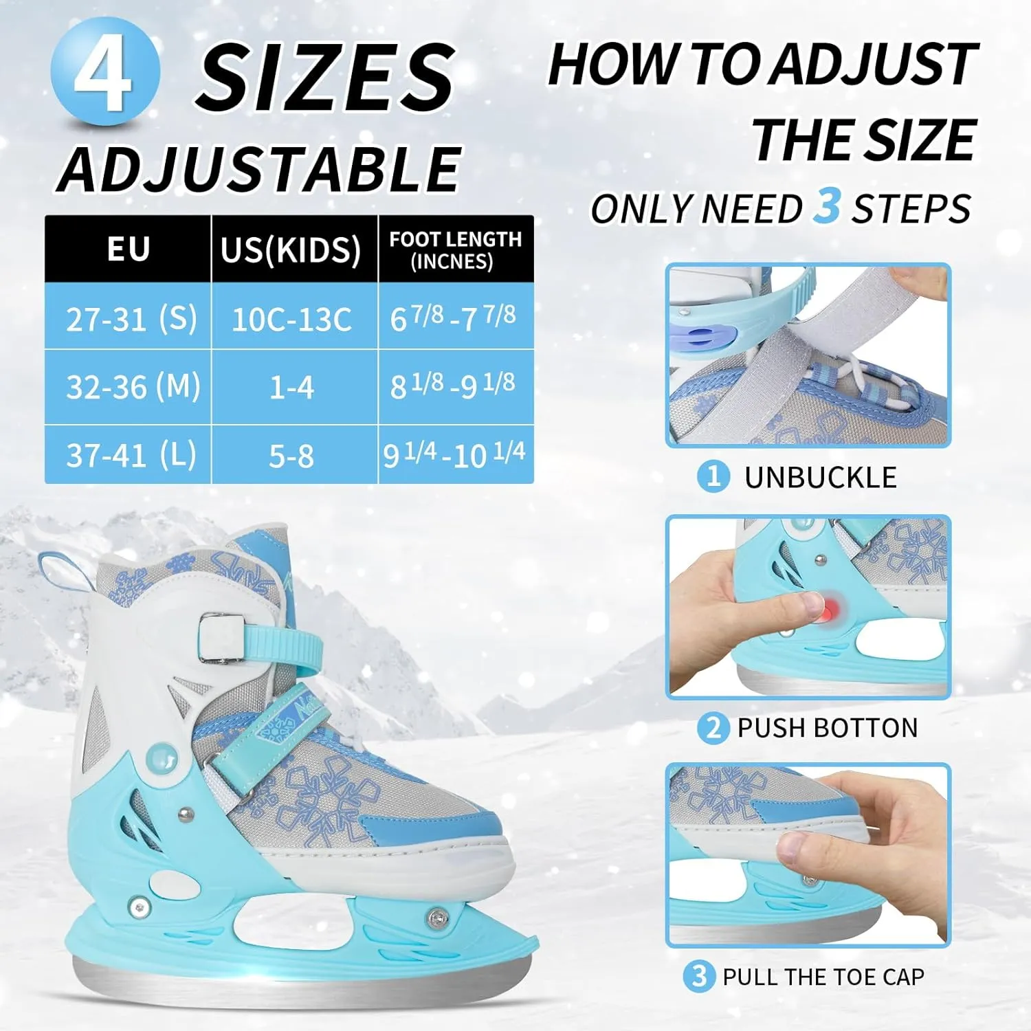 Nattork Adjustable Ice Skates for Kids - Blue Snow Flake