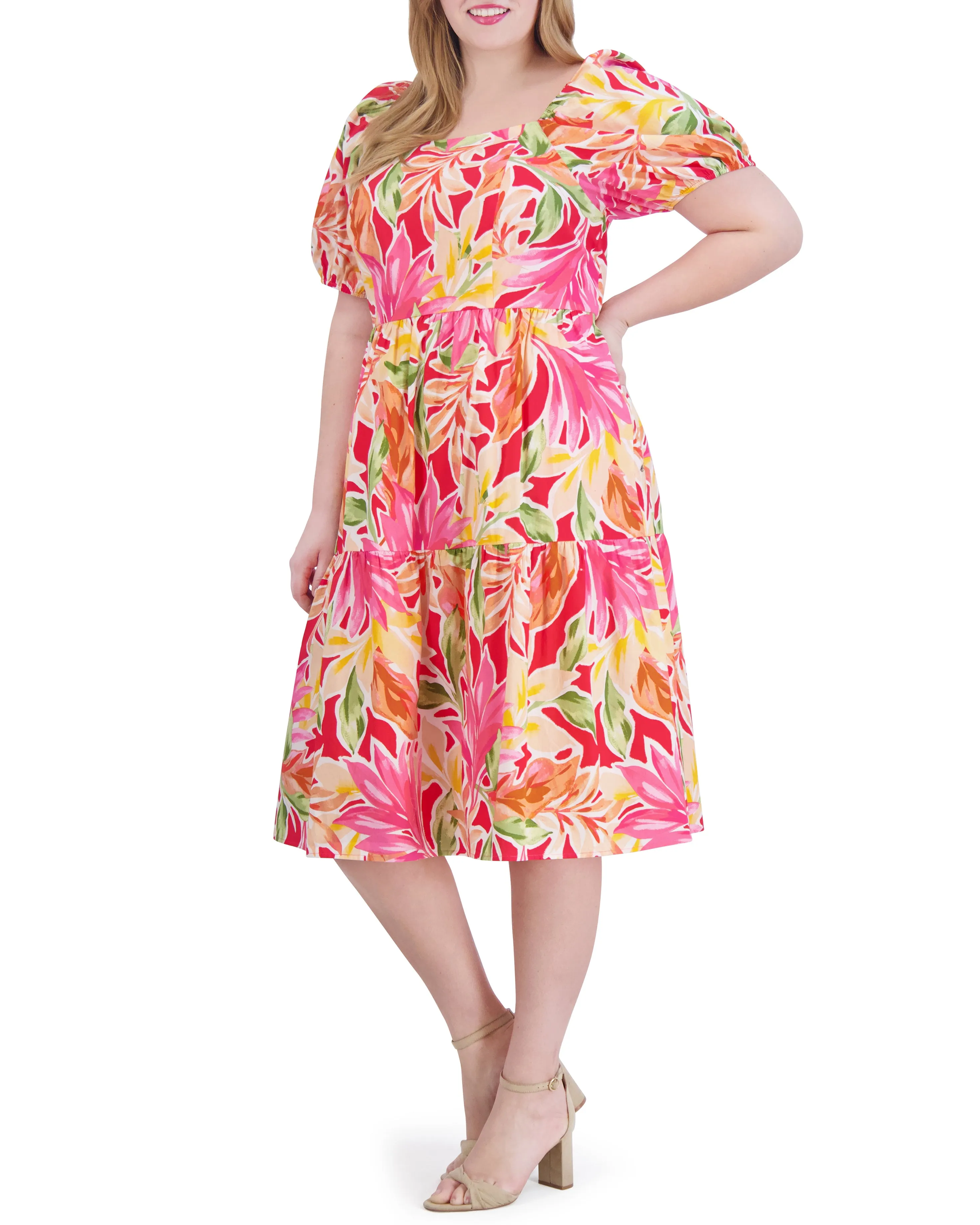 Plus-Size Printed Cotton Square-Neck Midi Dress