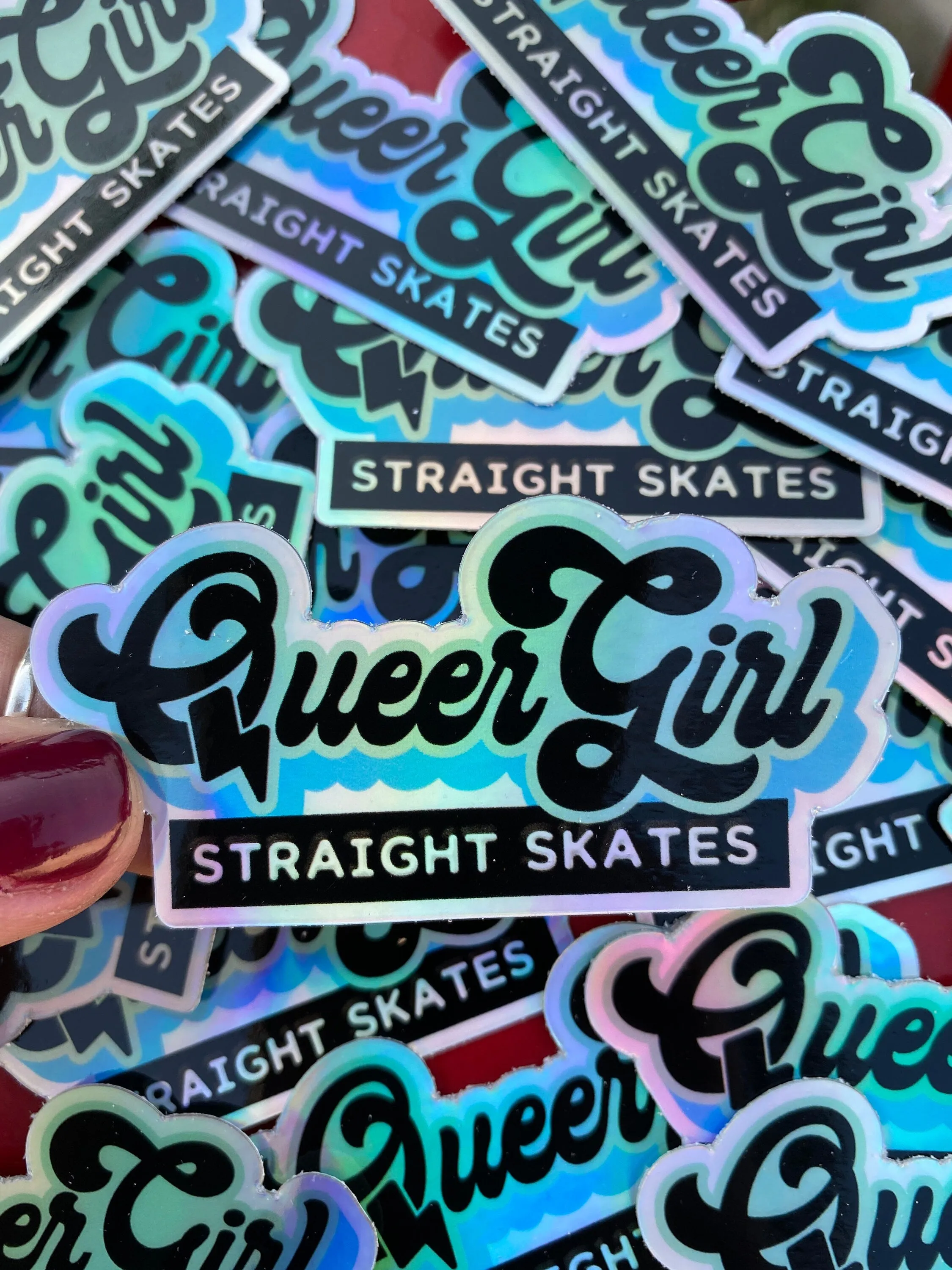 Queer Girl Straight Skates blue/green Holographic Logo Sticker
