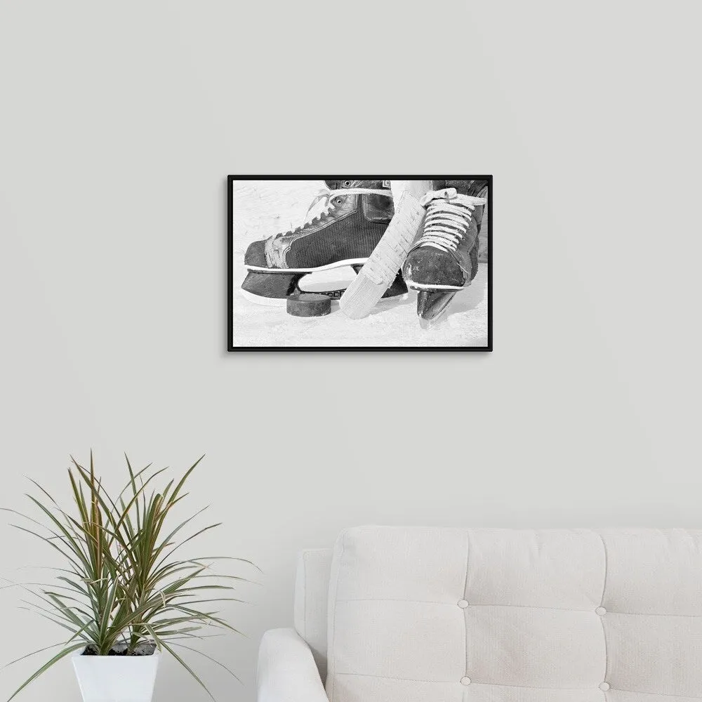"Hockey skates and puck" Black Float Frame Canvas Art