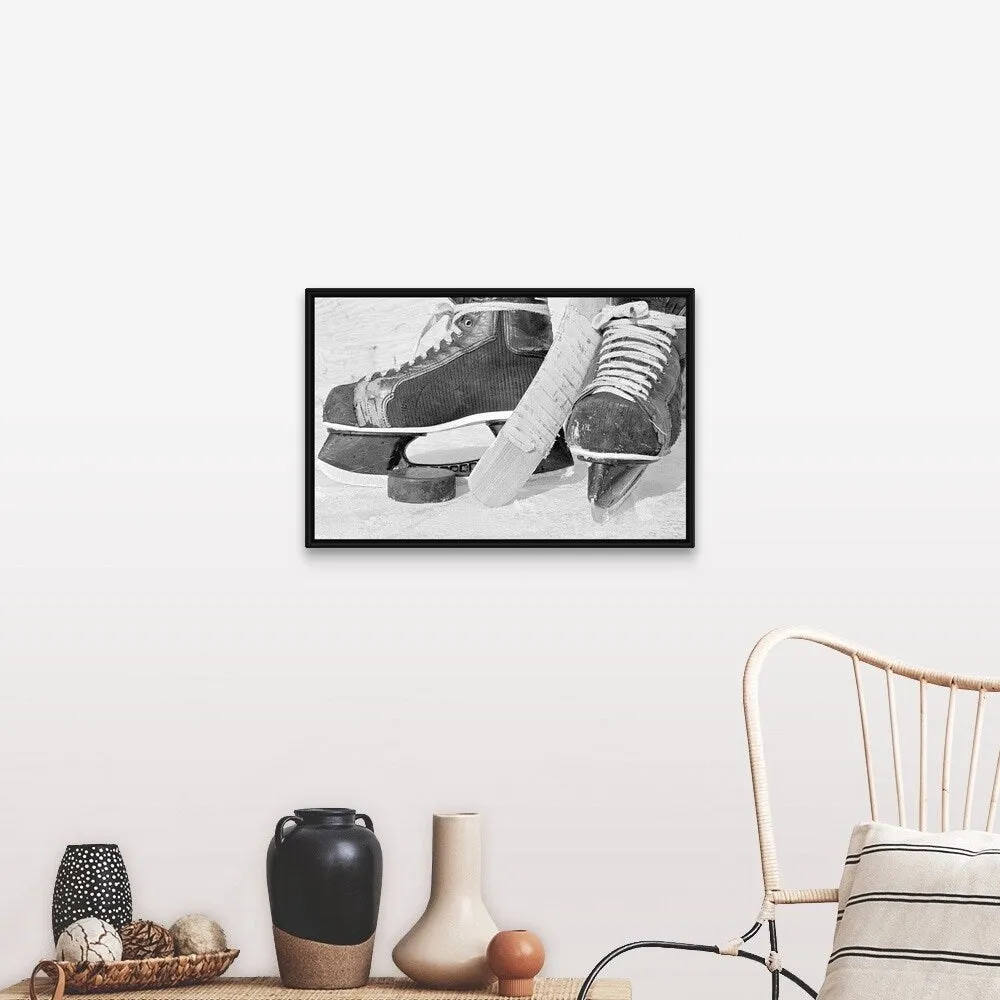 "Hockey skates and puck" Black Float Frame Canvas Art