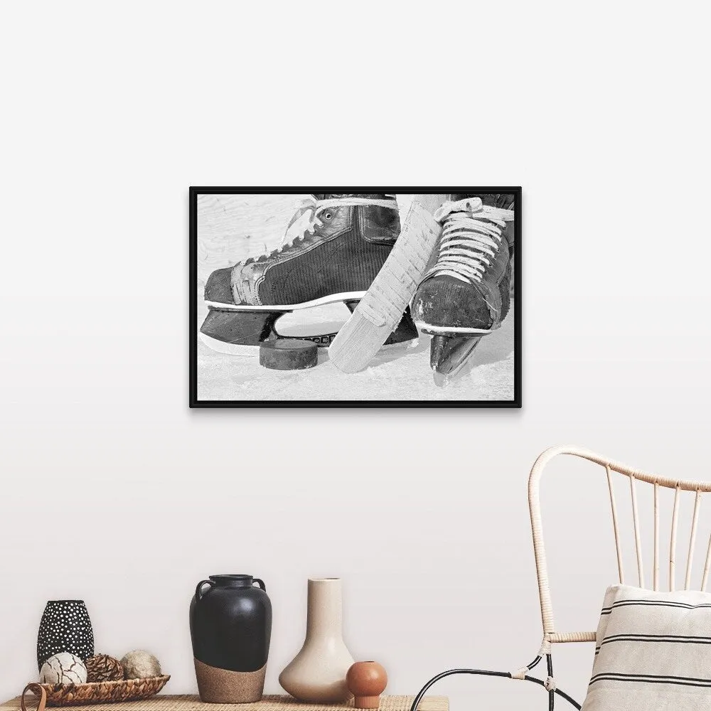 "Hockey skates and puck" Black Float Frame Canvas Art