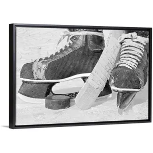 "Hockey skates and puck" Black Float Frame Canvas Art