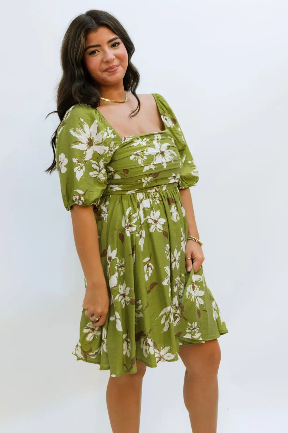 Saanvi Puff Sleeve Dress - Olive