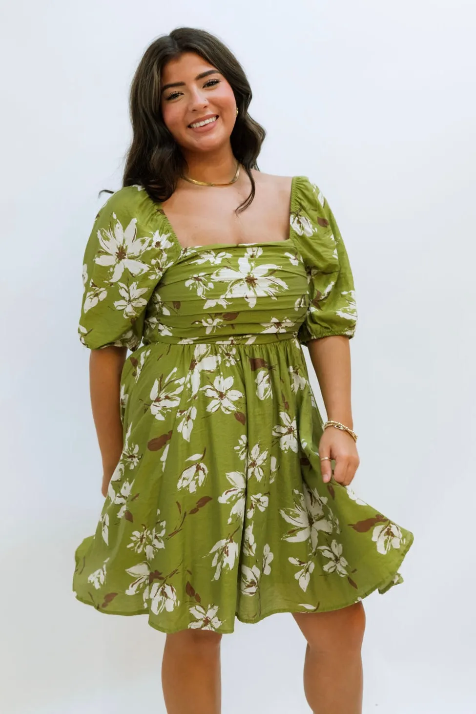 Saanvi Puff Sleeve Dress - Olive